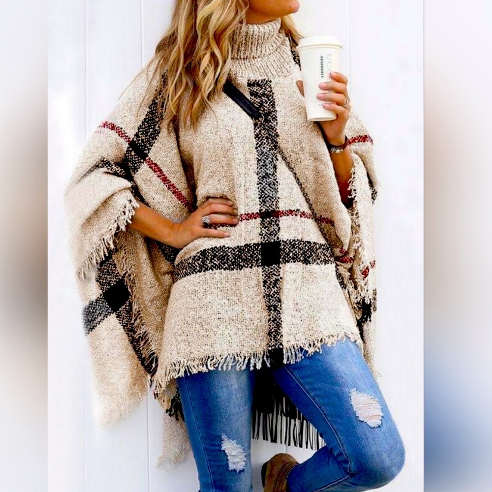 New Plaid Nubby Knit Turtleneck Pullover Poncho Cape Cardigan Cream Red Black